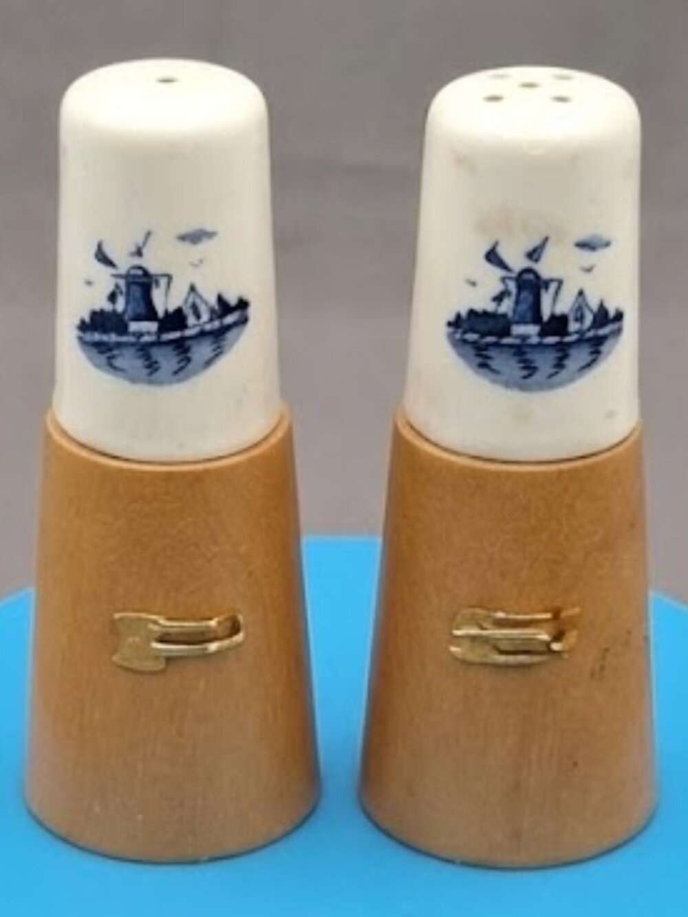 Vintage Mid Century Delft Blue Ceramic & Wood Salt and Pepper Shakers Windmill